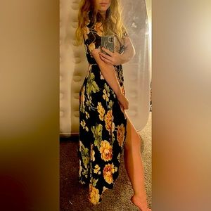 Reformation Black Floral Long Wrap Dress with Short Sleeves
